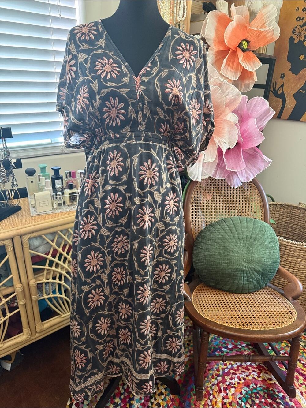 Bell Alicia Bell Dark Floral Silk Open Back Boho Hippie Resort Chic Maxi Dress